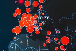 Carte de l'Europe avec les points de contagion de la COVID-19
