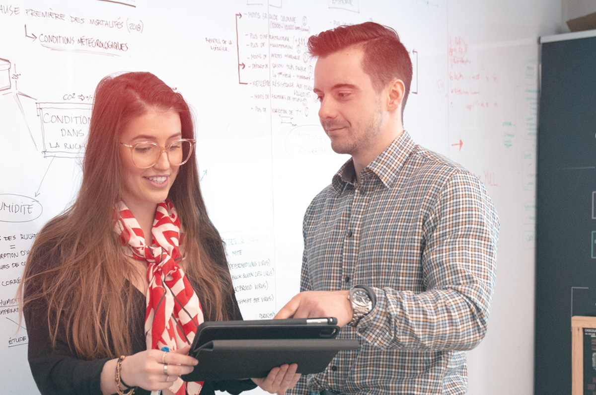 Deux entrepreneurs étudiants devant un tableau