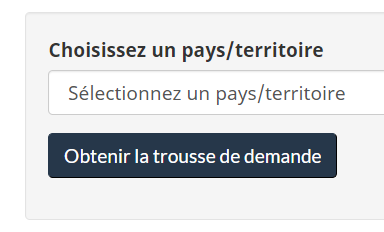 La trousse de demande varie selon le pays d'origine. Sélectionnez votre pays pour connaître la trousse propre à celui-ci.