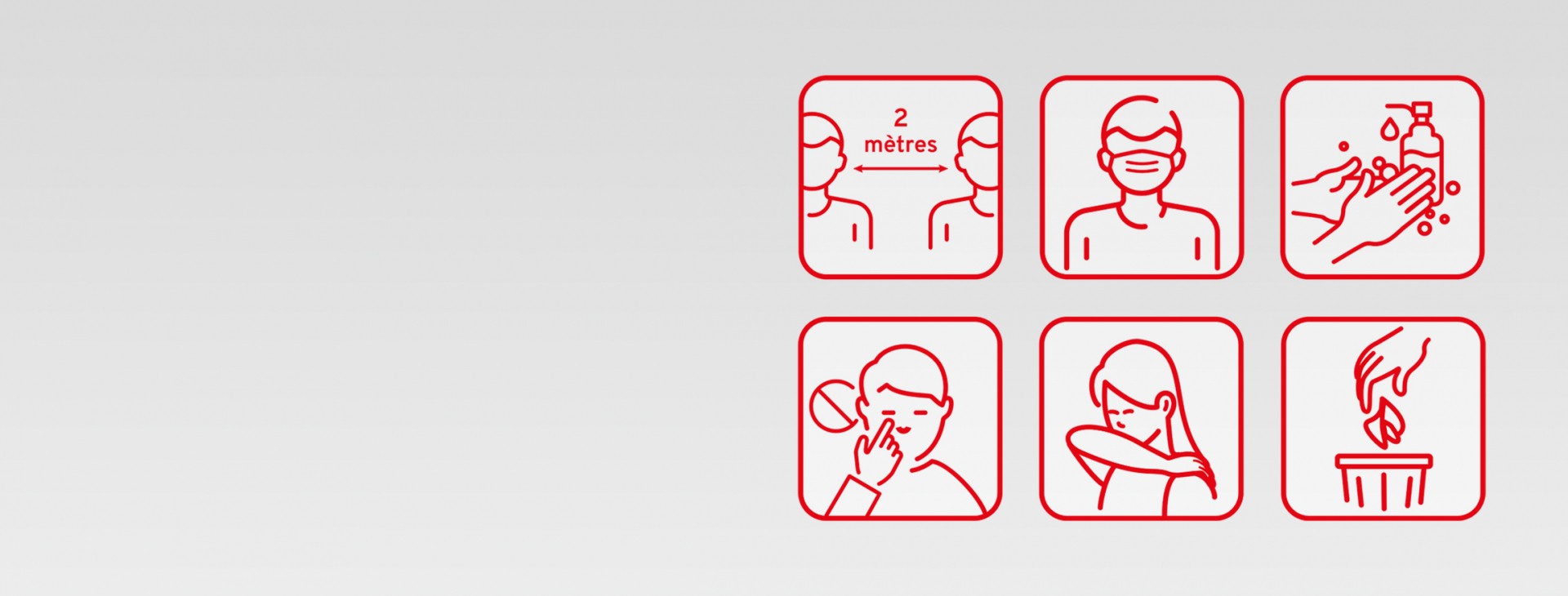 6 icônes représentant les consignes sanitaires