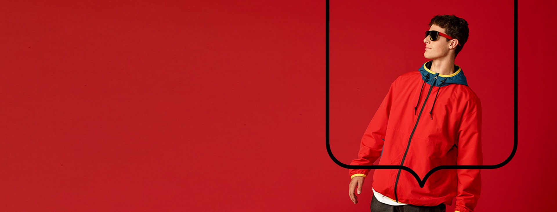 Étudiant, fond rouge, lunettes fumées