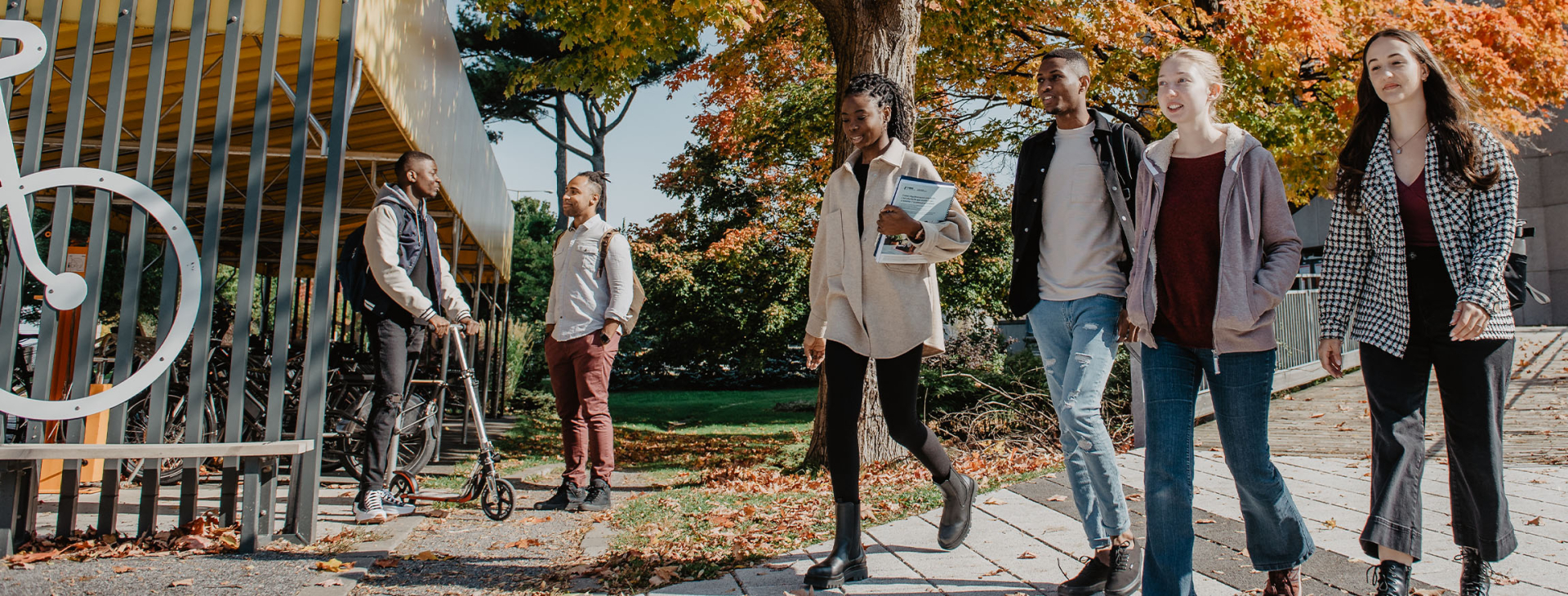 étudiantes et étudiants sur le campus de l'Université Laval en automne