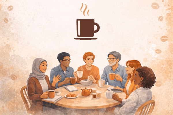 Groupe de personnes qui discutent en prenant un café autour d'une table