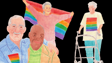 Image présentant des personnes ainées arborant le drapeau arc-en-ciel.
