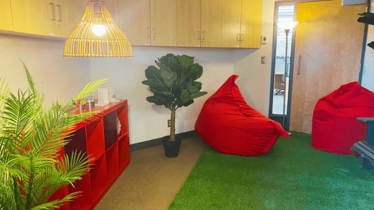 Pièce avec des beanbags et des plantes